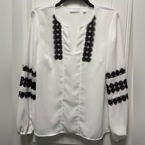 New York & Company White Blouse with Black Floral Lace